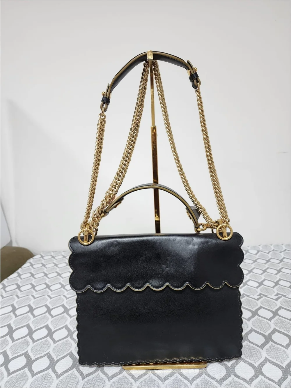 FENDI Vitello Liberty Scalloped Studded Kan I Shoulder Bag Black